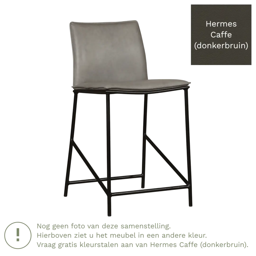 afbeelding van Leren barkruk laag Favor - Hermes Caffe (donkerbruin) - poten staal rond zwart